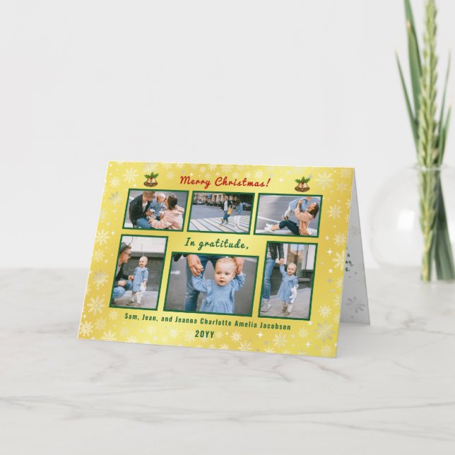 6 Photos Collage Cute Elegant Golden Personalized Holiday Card (Front)