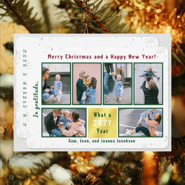 6 Photos Collage Letter Cute Elegant Personalized Holiday Card (Merry Christmas & Happy New Year, In Gratitude, Modern Cute 6 Photos Collage What a Year Long Letter)