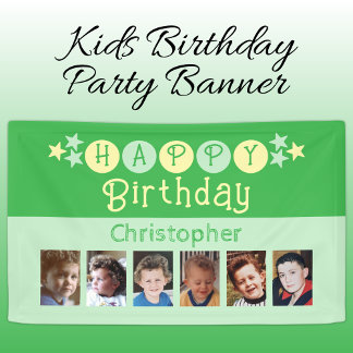 6 photos happy birthday name kids green party banner