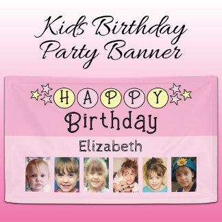 6 photos happy birthday name kids pink party banner