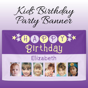6 photos happy birthday name kids purple party banner