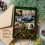 6 photos Merry Christmas family red green gold Foil Holiday Card<br><div class="desc">Elegant stylish plaid tartan real gold foil Merry Christmas script six family photos classic traditional red green holiday card with your custom personalized text on both sides.</div>