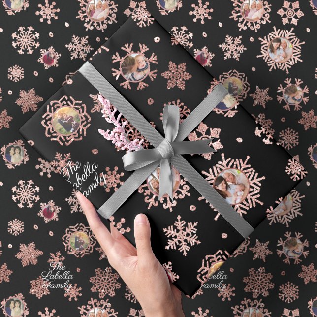 6 Pic Custom Rose Gold Glitter Snowflakes Blk Gift Wrapping Paper (Creator Uploaded)