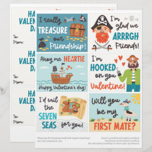 6 Pirate Kids Classroom Valentines Day Cards