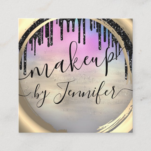 6 Punches Hair Lash Makeup Studio Pink Gold Blue Square Business Card (Front)