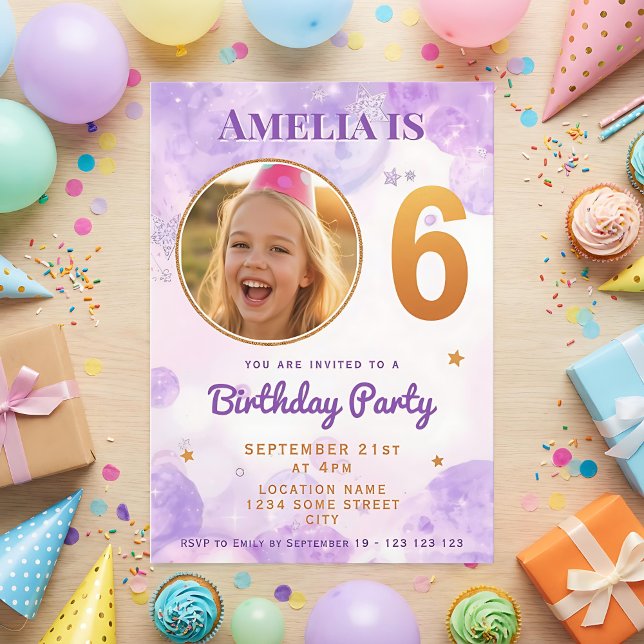 6 Purple Gold Star Bubbles 6th Birthday Invitation (Creator Uploaded)