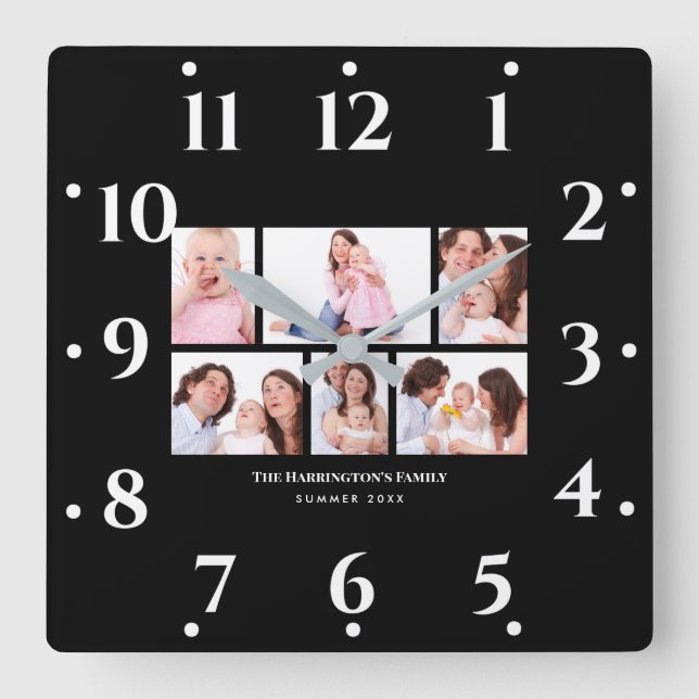 6 Sections Custom Photo Simple Elegant Black Frame Square Wall Clock (Front)