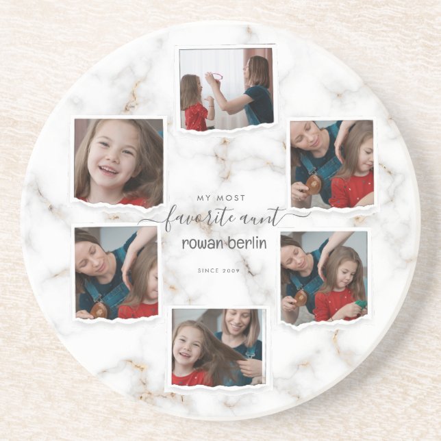 6 Six Photo Collage Aunty Modern Elegant Family Coaster (Front)