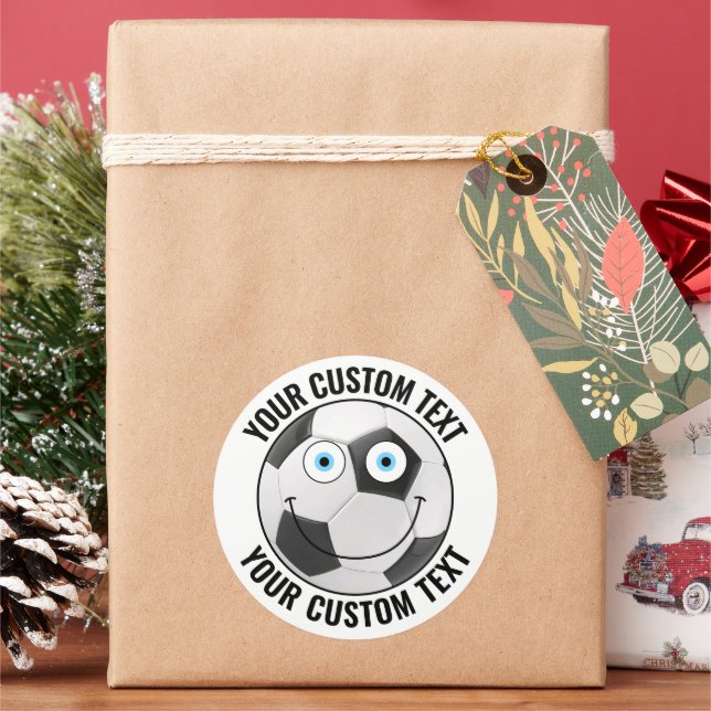 6 Soccer Ball Personalized Text Custom Happy Face Classic Round Sticker (Holiday)
