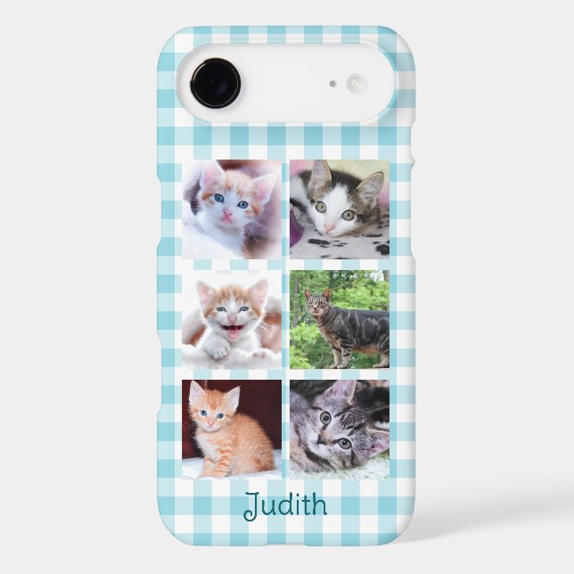 6 Square Pet Photo Collage Robin Egg Blue Gingham (Back)
