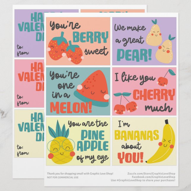 6 Sweet Fruit Kids Classroom Valentines Day Cards (Front/Back)