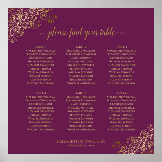 6 Table Cassis Purple & Gold Wedding Seating Chart (Front)