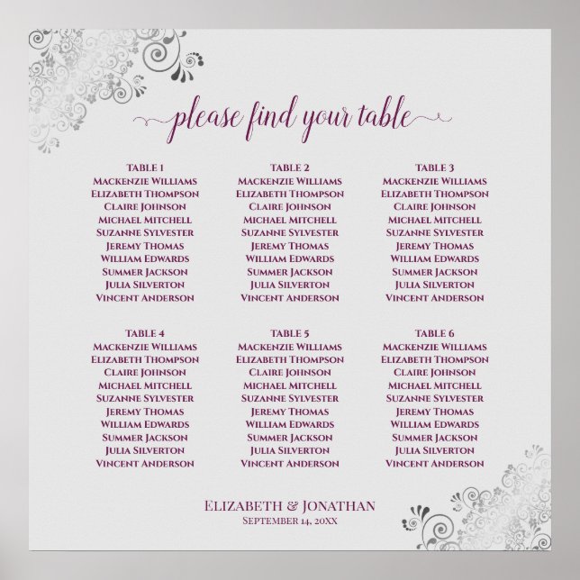 6 Table Cassis Purple & Grey Wedding Seating Chart (Front)