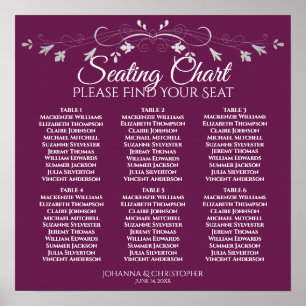 6 Table Chic Silver & Cassis Wedding Seating Chart