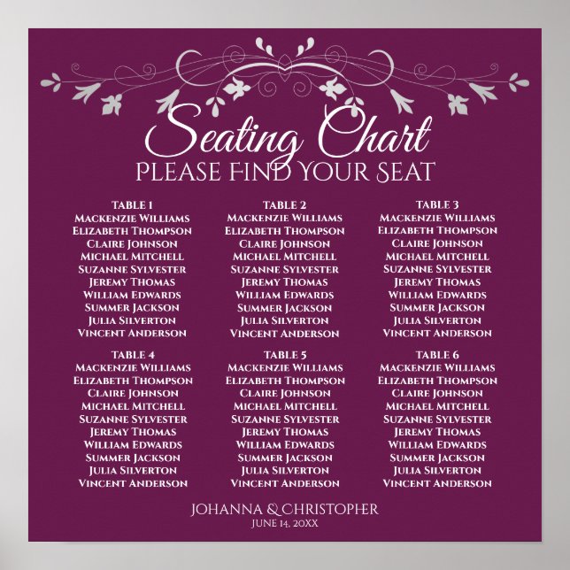 6 Table Chic Silver & Cassis Wedding Seating Chart (Front)