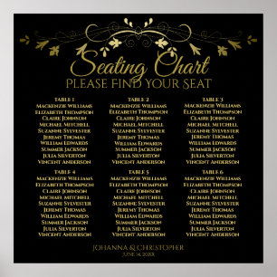 6 Table Elegant Gold & Black Wedding Seating Chart