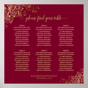 6 Table Elegant Gold & Burgundy Seating Chart