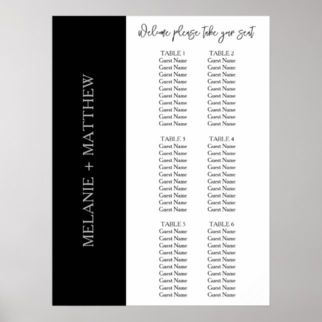 6 Table | Elegant Modern Wedding Seating Chart  (Front)