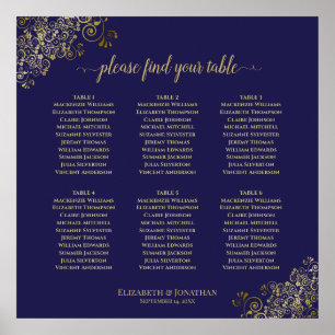 6 Table Lacy Gold Wedding Seating Chart Navy Blue