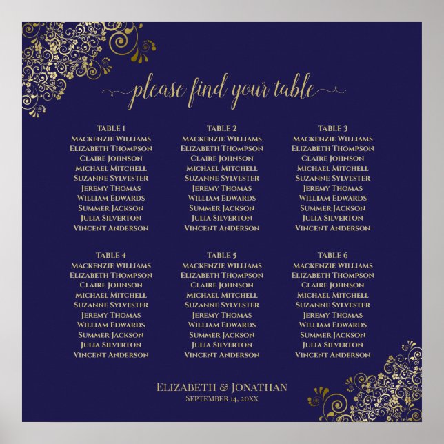 6 Table Lacy Gold Wedding Seating Chart Navy Blue (Front)