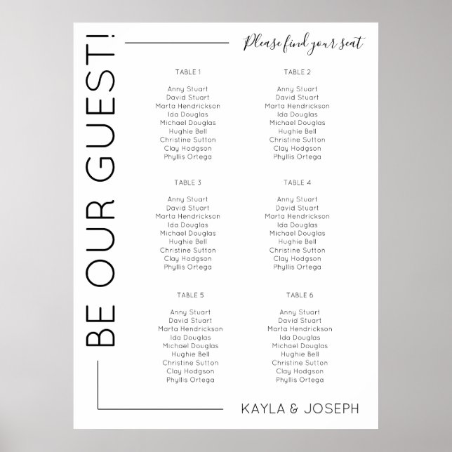 6 table Minimalist Wedding seating chart template (Front)