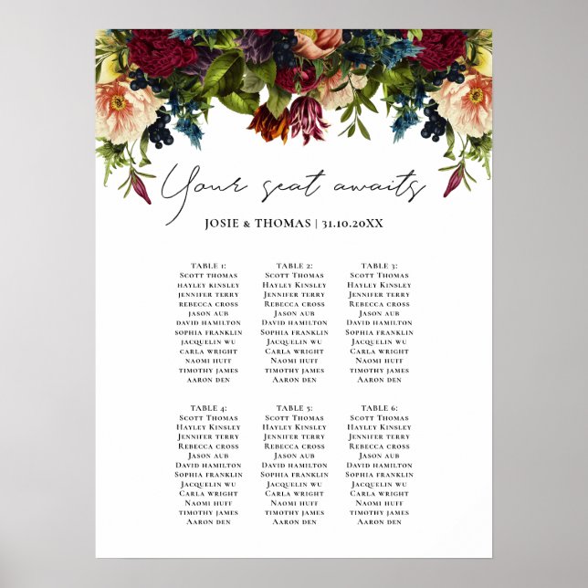 6 table Moody Floral Burgundy Wedding Seating Plan Poster (Front)