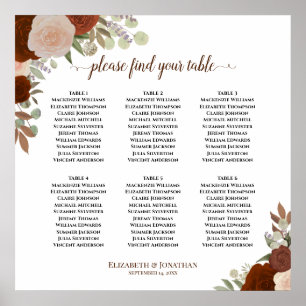 6 Table Rust Orange Autumn Floral Seating Chart