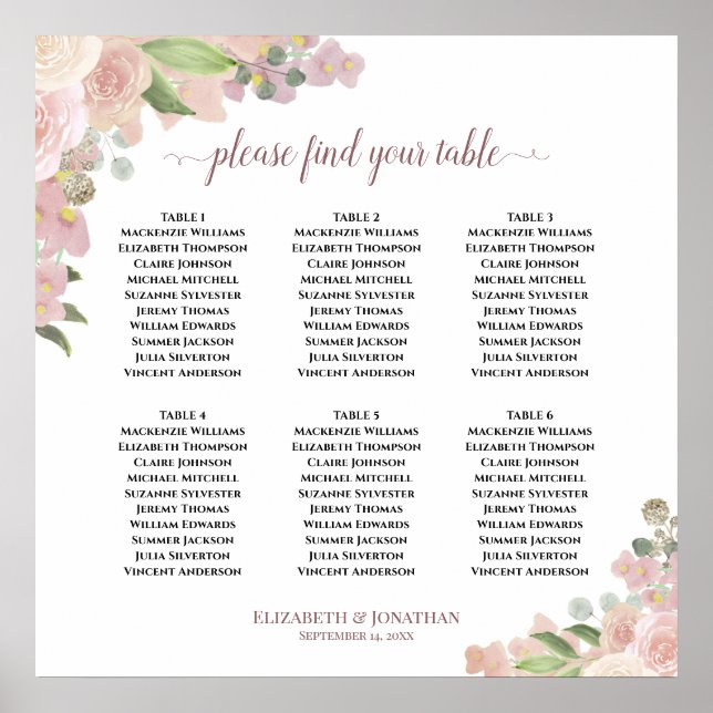 6 Table Rustic Pink Floral Wedding Seating Chart (Front)