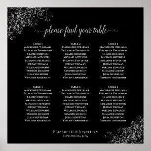 6 Table Silver Lace Black Wedding Seating Chart