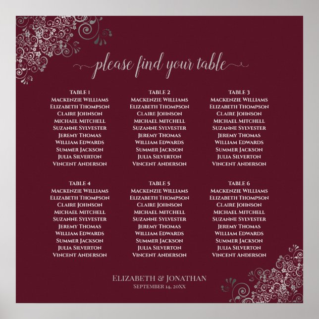 6 Table Silver on Burgundy Wedding Seating Chart (Front)