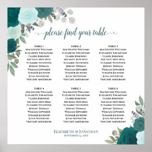 6 Table Teal Roses Boho Wedding Seating Chart