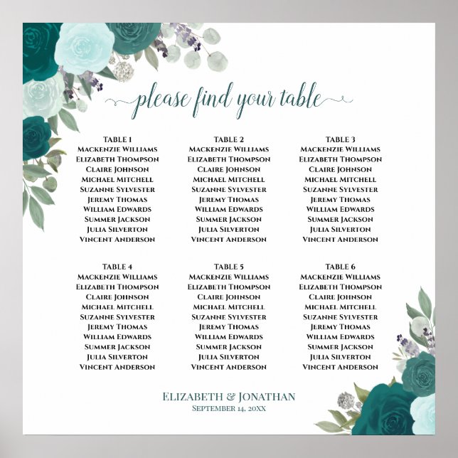 6 Table Teal Roses Boho Wedding Seating Chart (Front)