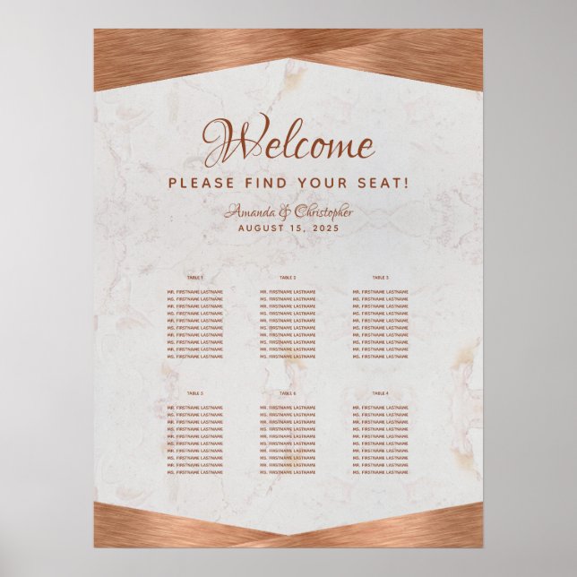 6 Table Wedding Seating Chart Faux Copper Marble (Front)