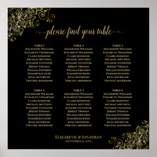 6 Table Wedding Seating Chart Gold Frills on Black