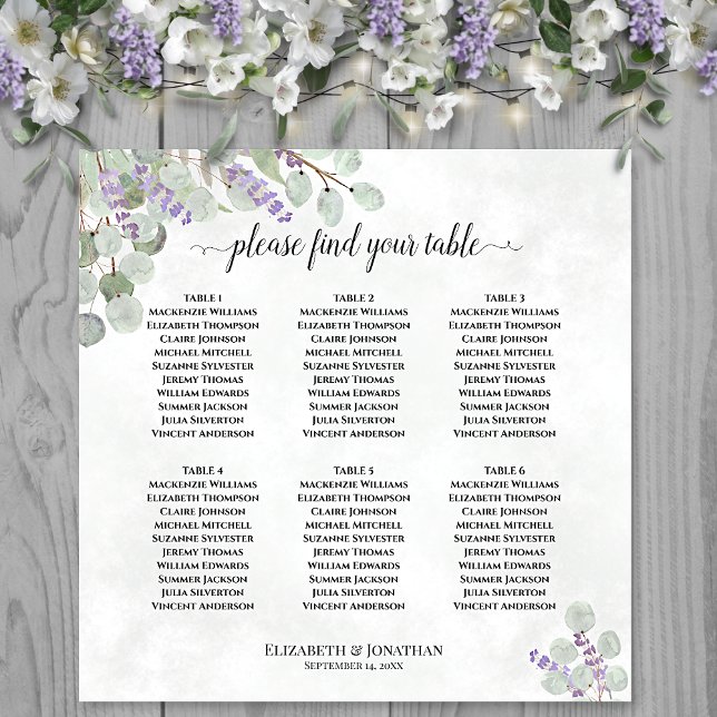 6 Table Wedding Seating Chart Lavender Eucalyptus (In Situ on Wall with Decorations)