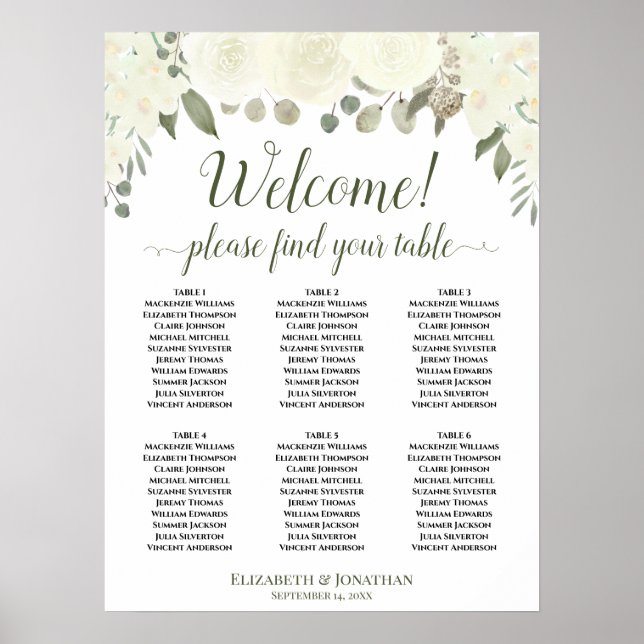 6 Table White Boho Floral Welcome Seating Chart (Front)