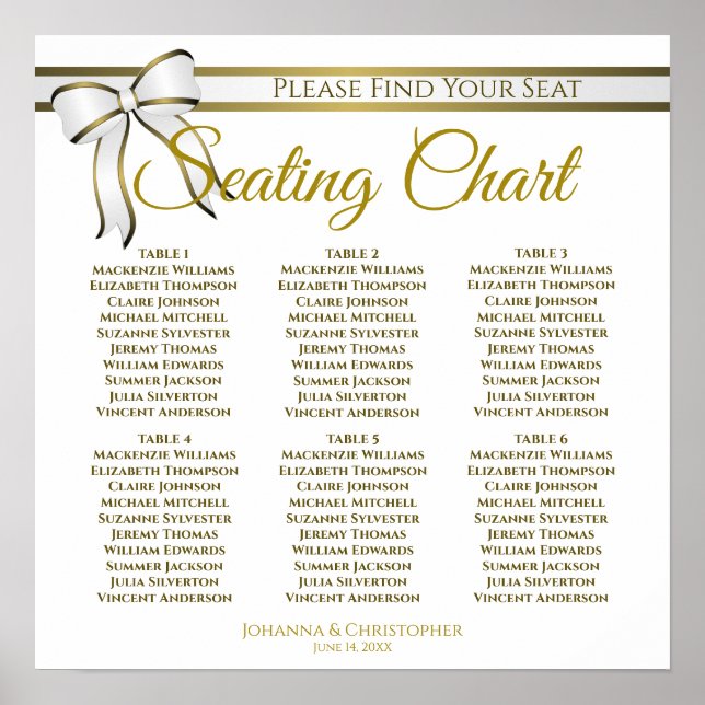 6 Table White & Gold Ribbon Wedding Seating Chart (Front)