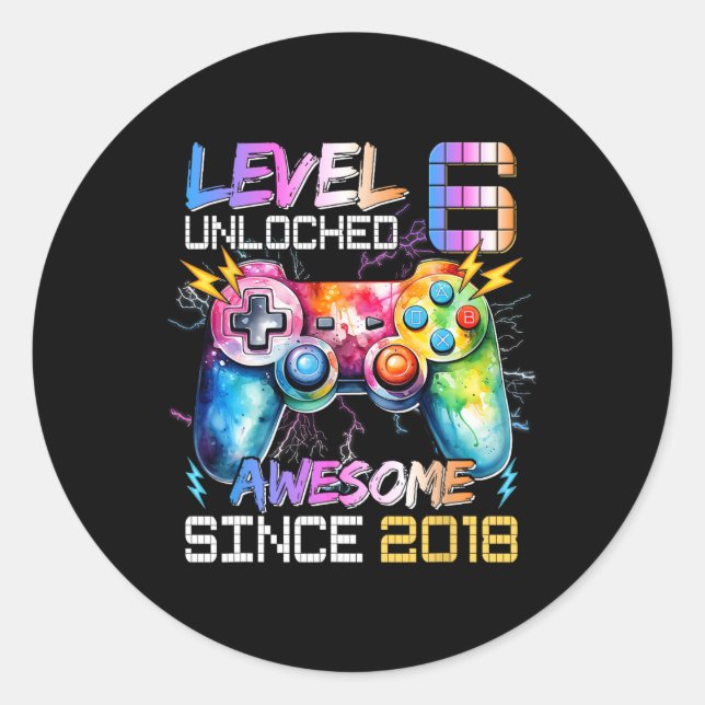 6 Unlocked Video Game 6th Birthday Gamer Boys Kids Classic Round Sticker (Front)