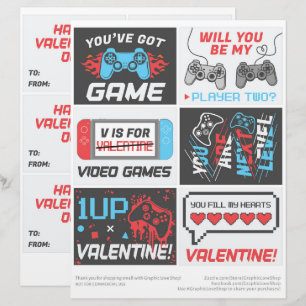 6 Video Game Kids Classroom Valentines Day Cards