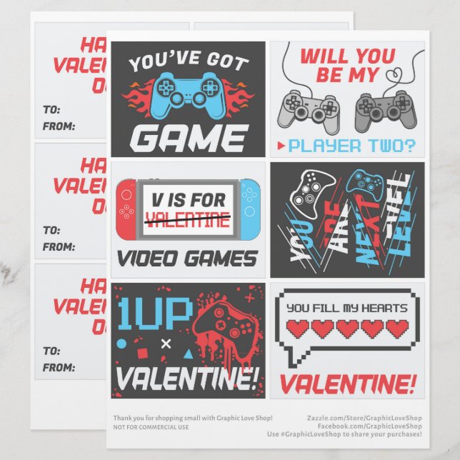 6 Video Game Kids Classroom Valentines Day Cards (Front/Back)