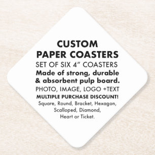 6 x Custom Personalized 4" DIAMOND Paper Coasters