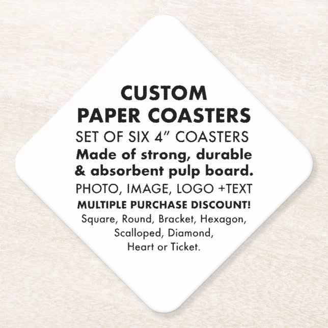 6 x Custom Personalized 4" DIAMOND Paper Coasters (Front)