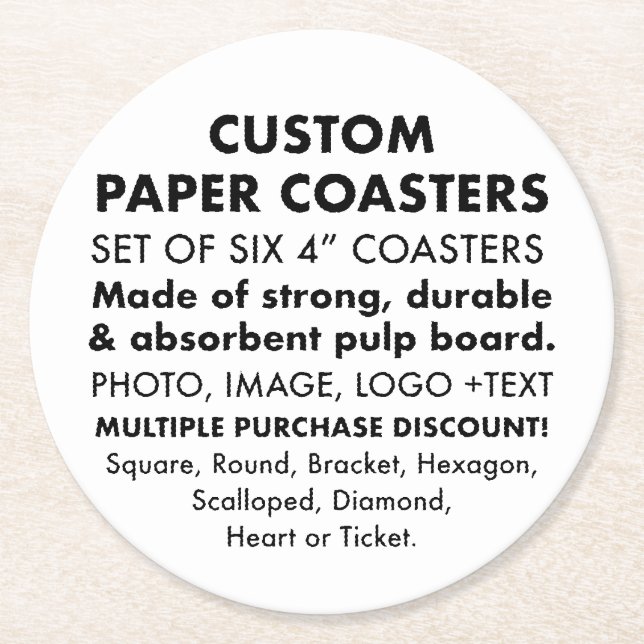 6 x Custom Personalized 4" ROUND Paper Coasters (Front)