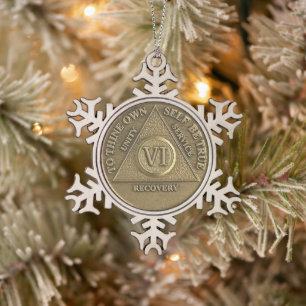 6 Year Sober Anniversary Medallion Snowflake Pewter Christmas Ornament