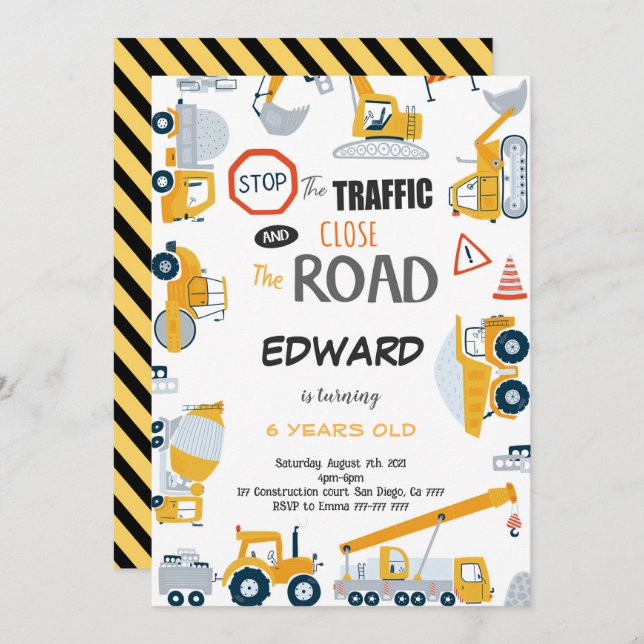 6e anniversaire Construction Boy Invitation (Devant / Derrière)