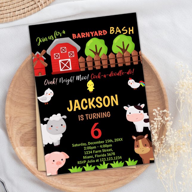6e Black Red Farm Animaux Invitations d'anniversai (6th Black Red Farm Animals Birthday Invitations)