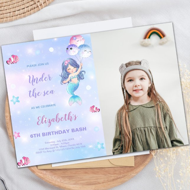 6e Invitation d'anniversaire de Sirène avec photo (6th Mermaid Birthday Invitations with photo)