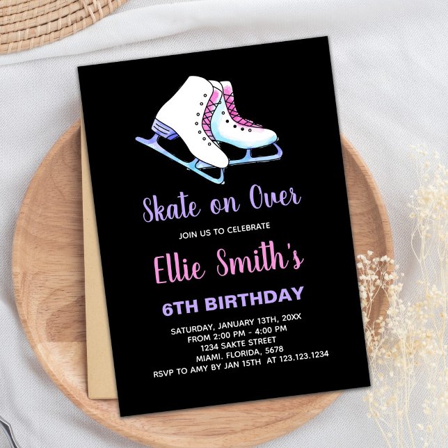 6e Patinage noir violet glace Invitations d'annive (6th Black Purple Ice Skating Birthday Invitations)