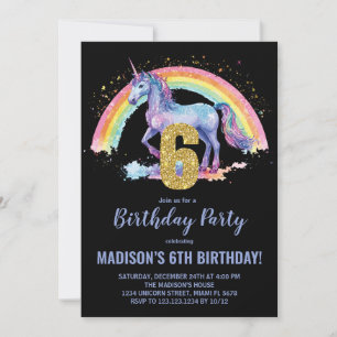 6e Rainbow Unicorn Invitations d'anniversaire