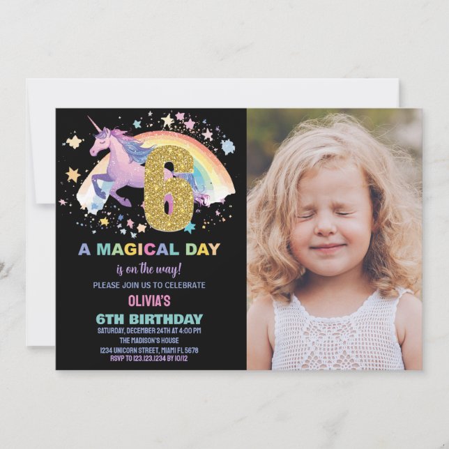 6ème Unicorn Invitations d'anniversaire avec photo (Devant)
